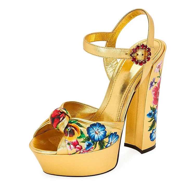 Golden Floral Heels Peep Toe Chunky Heels Platform Slingback Sandals |FSJ Shoes