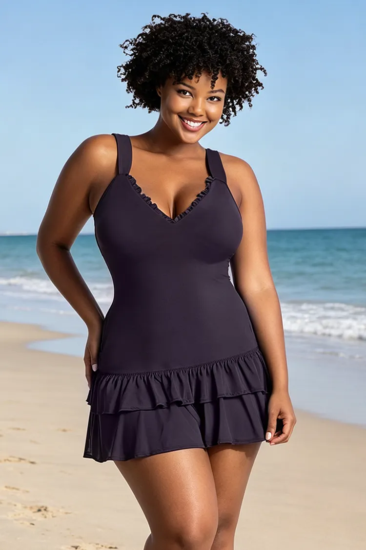 Xpluswear Design Plus Size Beach Purple V Neck Ruffle Swimsuit Fabric Swimwear Dress [Pre-Order] 2024 - Xpluswear