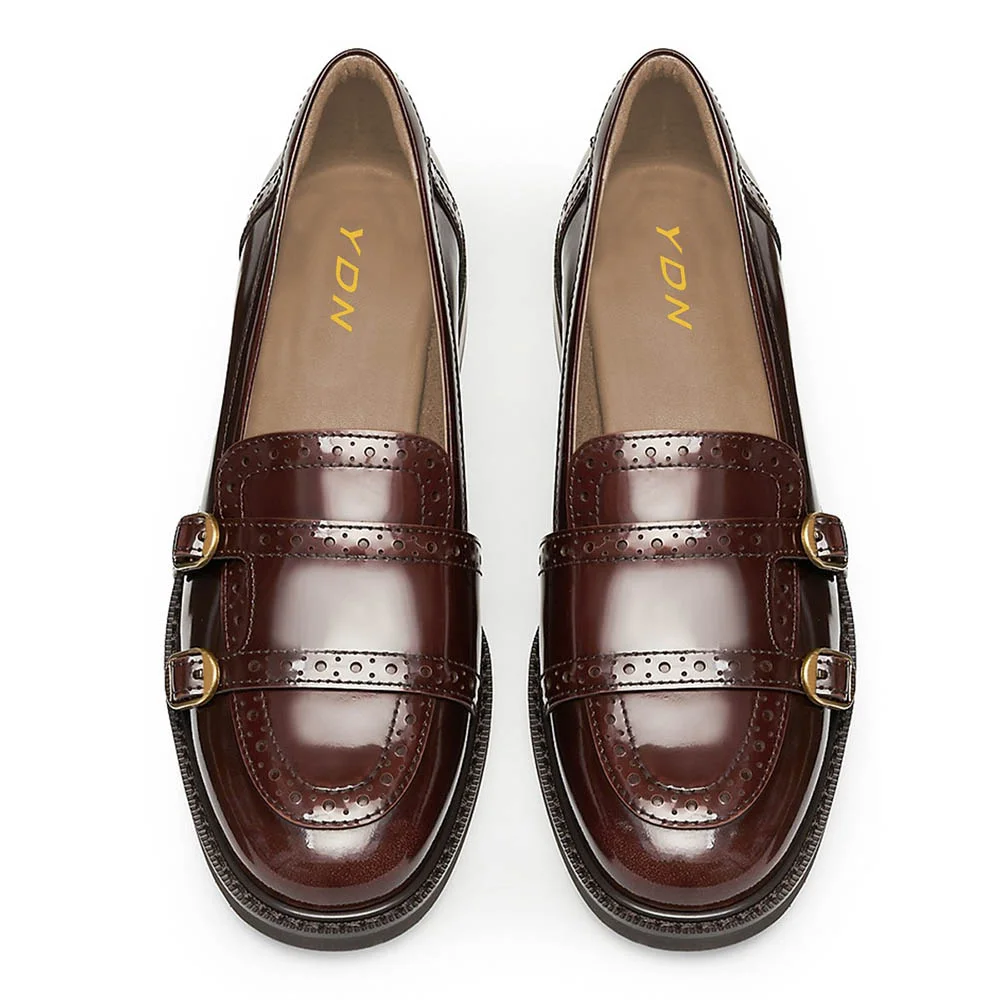 Classic Brown Perforated Round Toe Buckle Decor Loafer Shoes Women