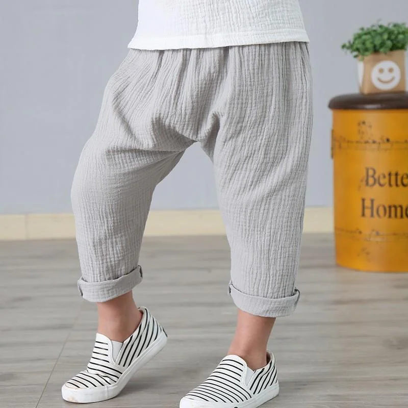 Kids Pants Boy Girl Summer Solid Color Linen Pleated Trousers Children Ankle-length Pants for Baby Boys Pants Casual Harem Pants