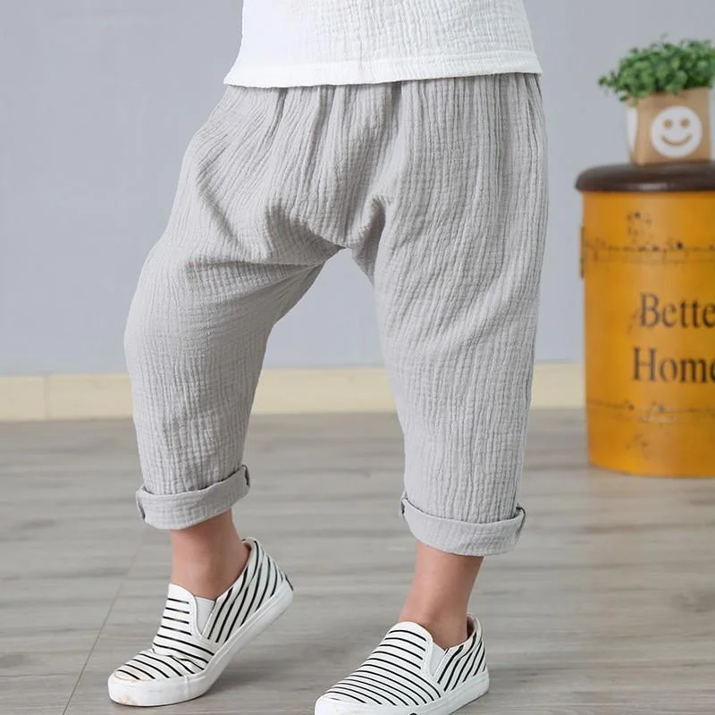 2020 Summer Kids Trousers Boys Girls Casual Harem Pants Children Solid Color Linen Pleated Tourser Boy Breathable Pants