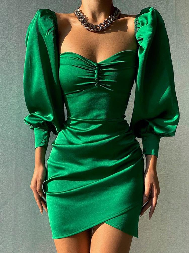 Puff sleeve solid color mini evening dress