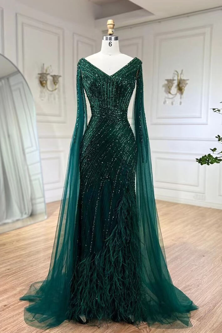 Luluslly Dark Green V-Neck Mermaid Evening Dress Ruffle Sleeves With Beadings Feather
