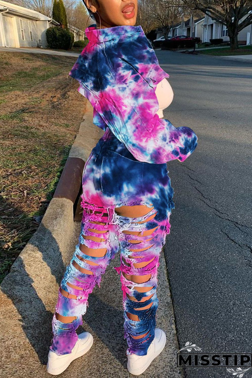 Deep Blue Casual Tie Dye Ripped Turndown Collar Long Sleeve Two Pieces