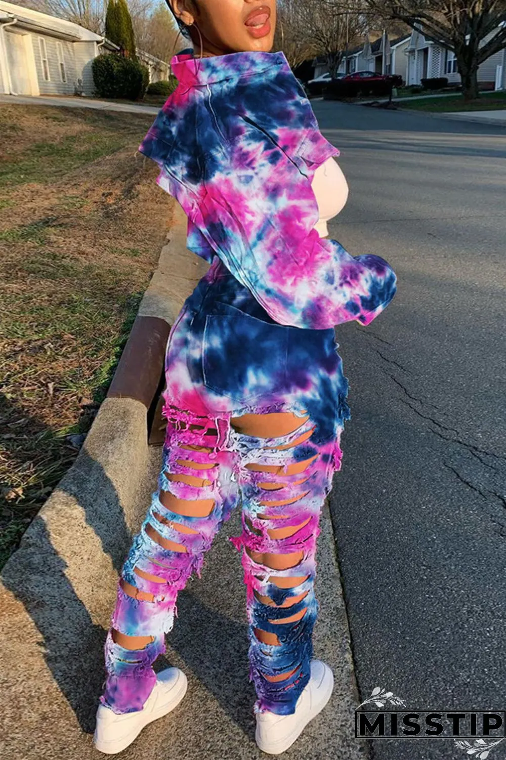 Deep Blue Casual Tie Dye Ripped Turndown Collar Long Sleeve Two Pieces