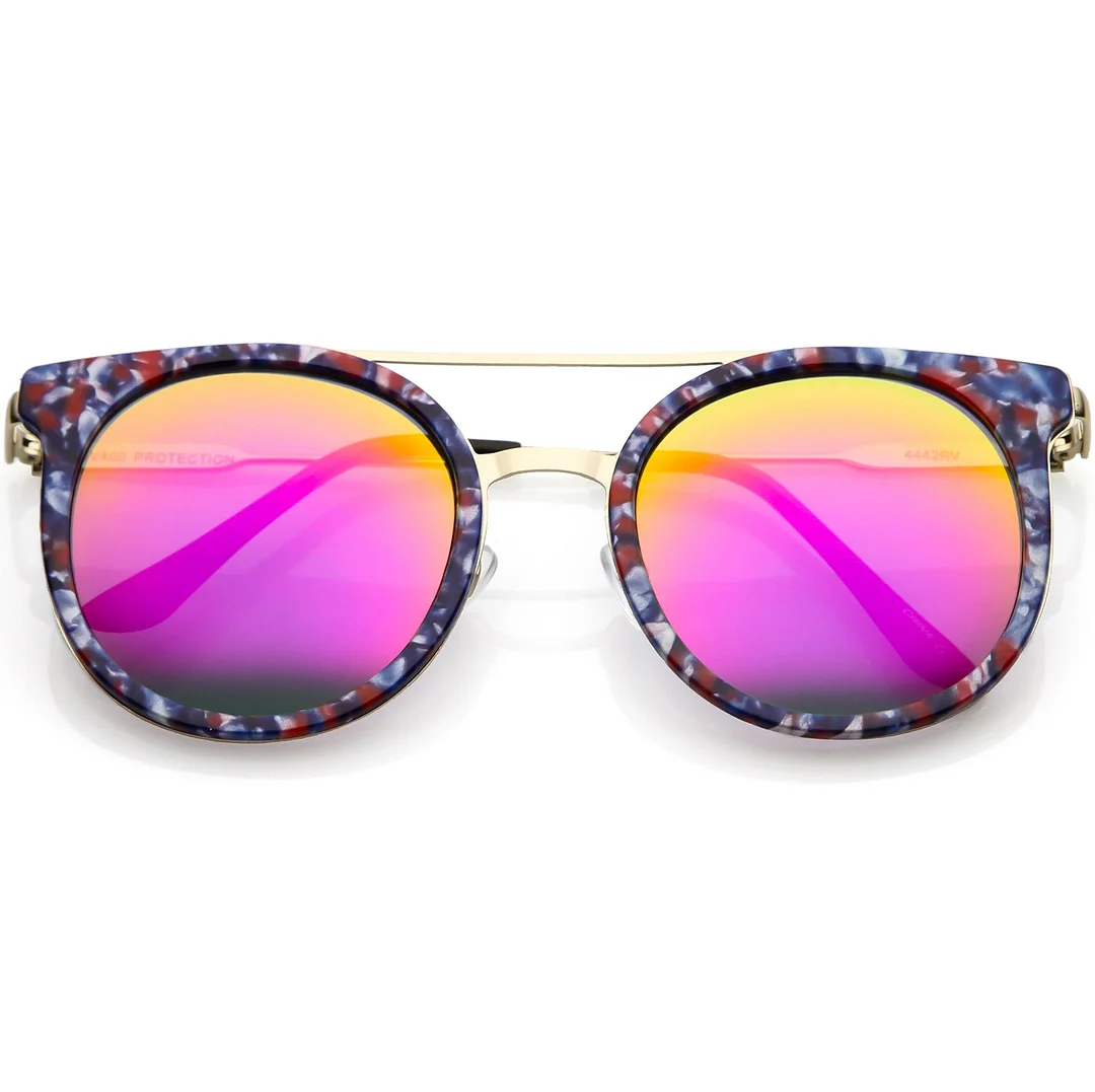 Modern Horn Rimmed glasses Sleek Double Nose Bridge Round Color Mirrored Lens 51mm