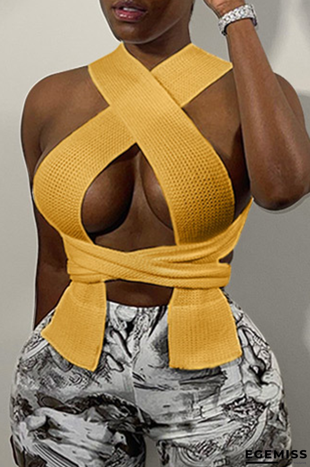 Yellow Sexy Solid Hollowed Out Patchwork Halter Tops | EGEMISS