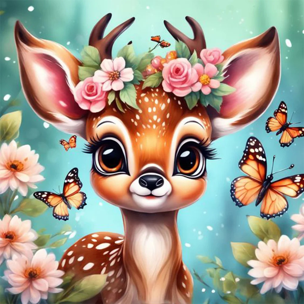 Full Round Diamond Painting - Butterfly Deer In Flower(Canvas|30*30cm)