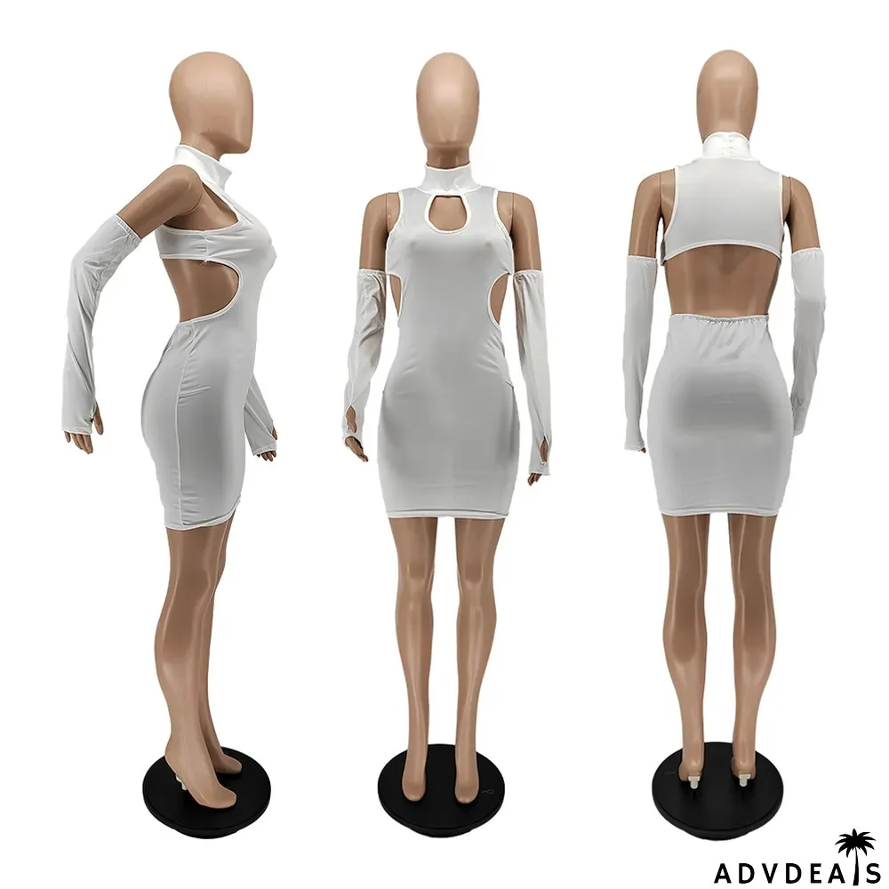 Solid Sexy Hollow Out Mini Dress With Sleeves