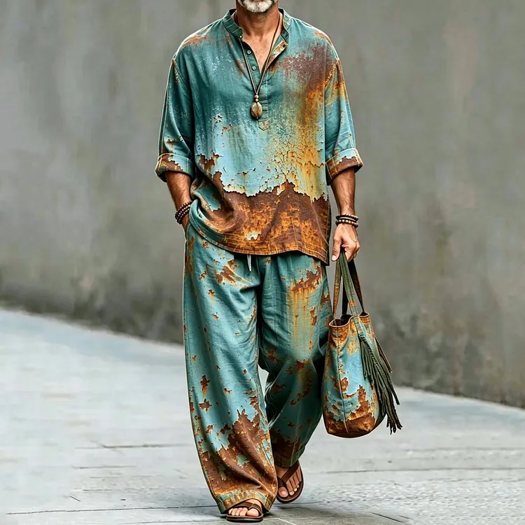Men's Vintage Rust Art Print Shirt And Pants Two Piece Set