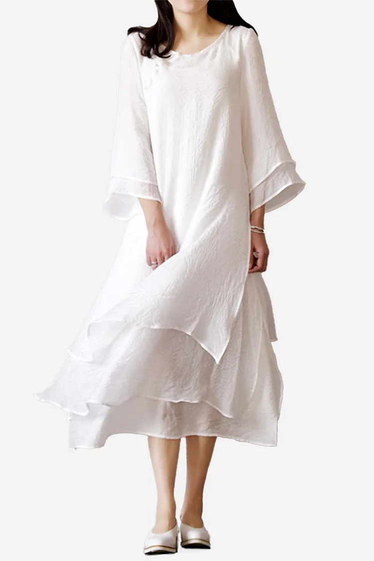 Round Neck Long Flare Sleeve Linen Tulle Midi Dress