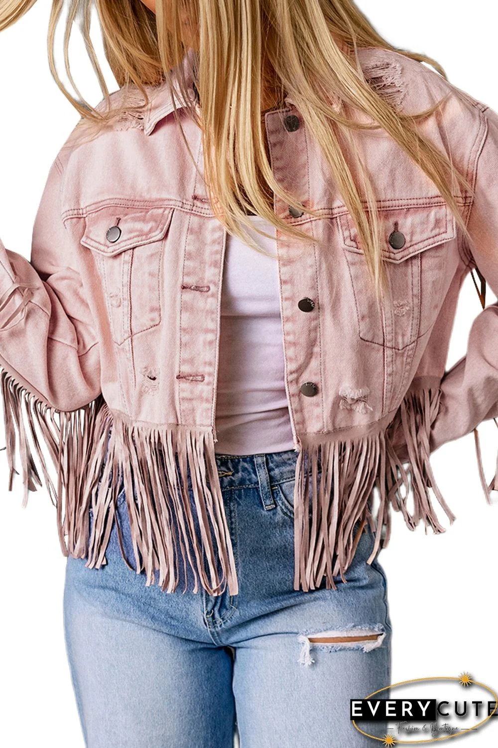 Pink Distressed Fringed Cropped Denim Jacket