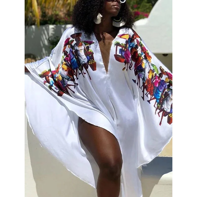 Uveng Uveng Summer African Fashion Digital Printed White Dress Loose Sexy Long Dress