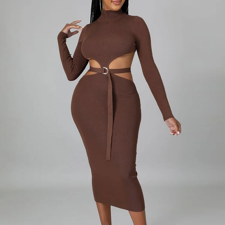 Solid Long Sleeve Cut Out Belted Dress - IRBOOM Fashion Clothing