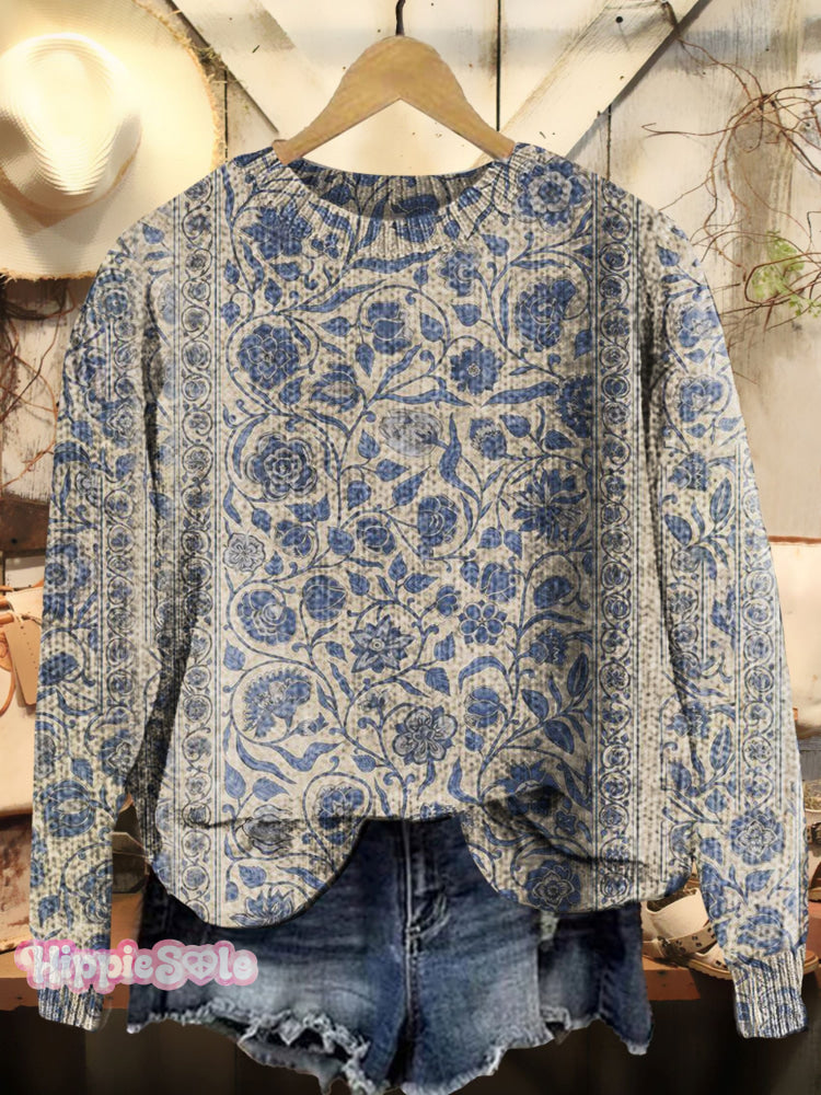Floral Patchwork Art Print Pullover Sweater Multicolor / S