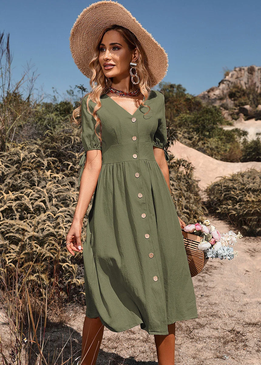 Solid V Neck Short Sleeve Dress