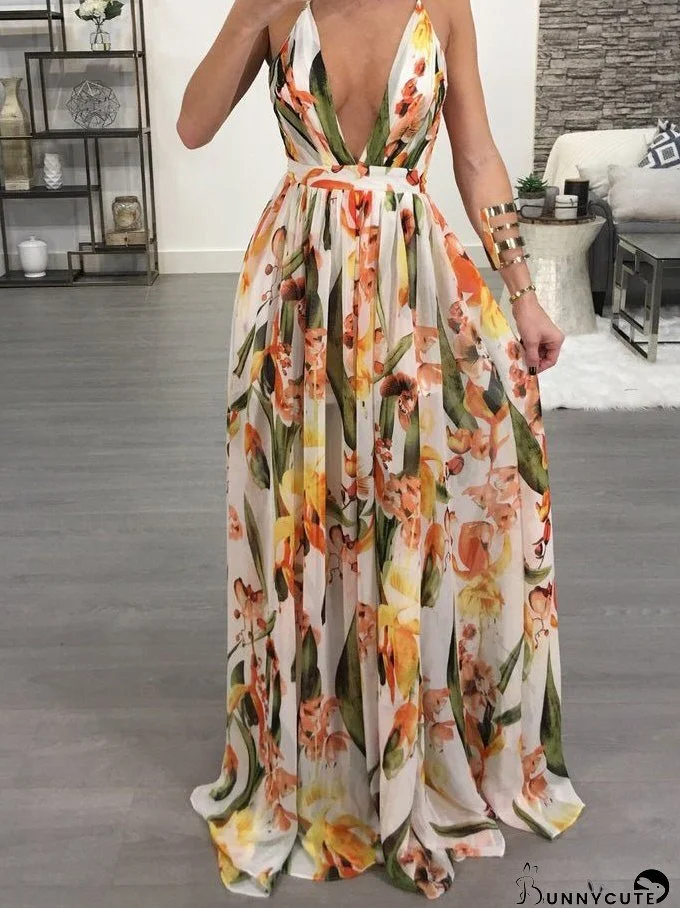 Women's Dresses Deep V Neck Open Back Chiffon Dress