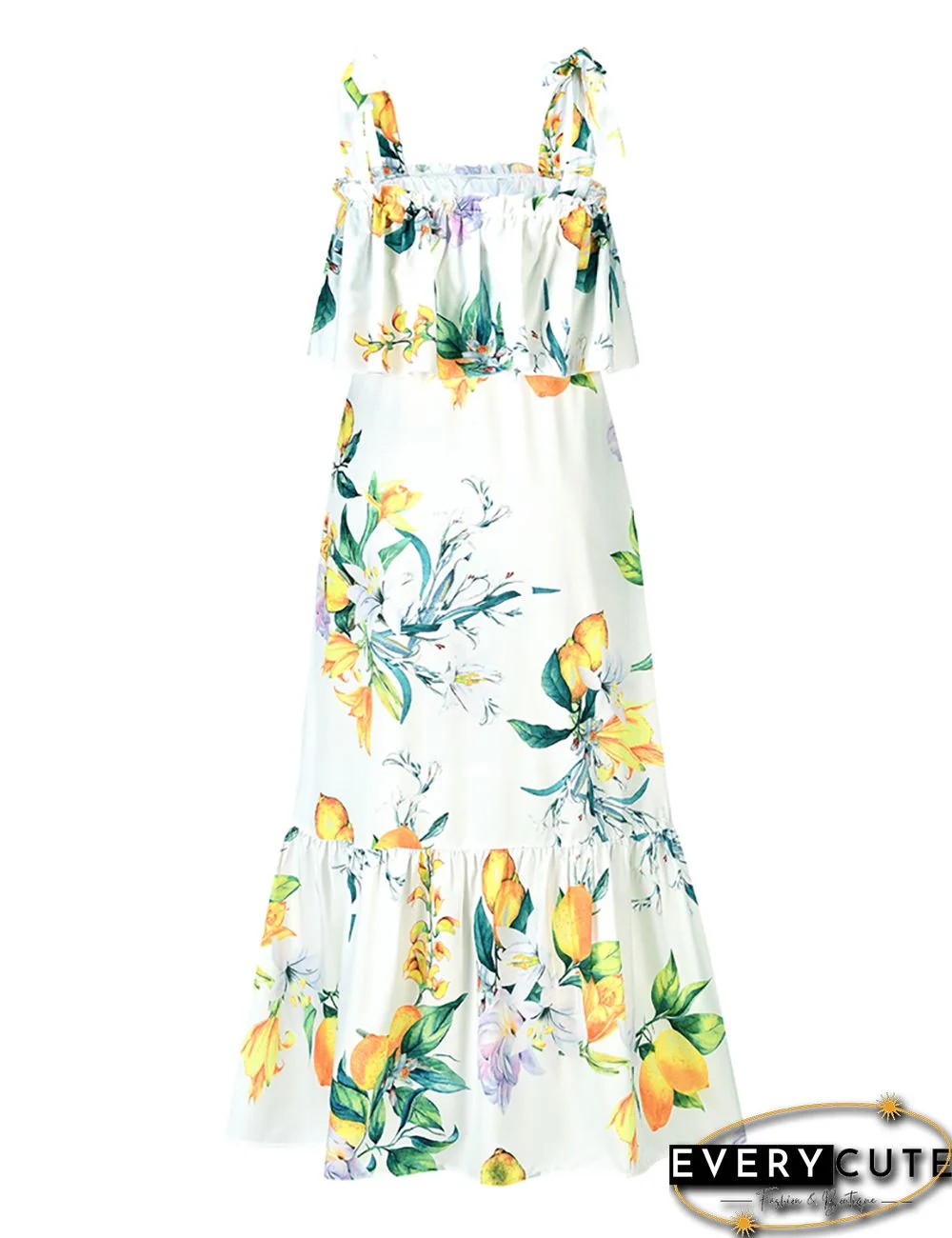 White Floral Print Ruffled Split Maxi Dress