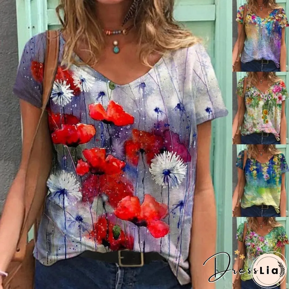 Women's V-neck Casual Color Flower Painting Short Sleeve T-shirt Loose Top Plus Size Summer Blouse XS-5XL