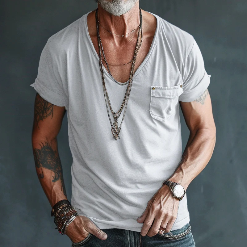 Men's V Neck Breast Pocket Short Sleeve Cargo T-Shirt
