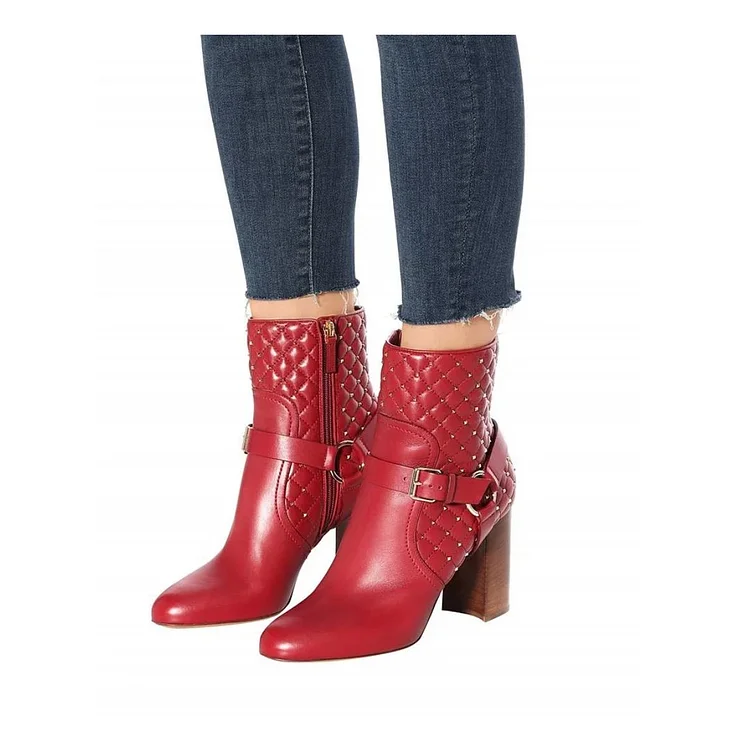 Red Buckle Chunky Heel Booties Round Toe Quilted Rivets Ankle Boots |FSJ Shoes