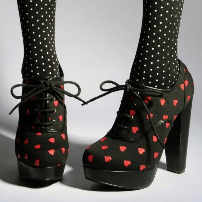 Cute Red Heart Platform Lace-up Black Chunky Heel Boots Vdcoo