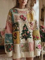 Women's Christmas Tree And Rose Pattern Knitted Crew Neck Sweater Dress