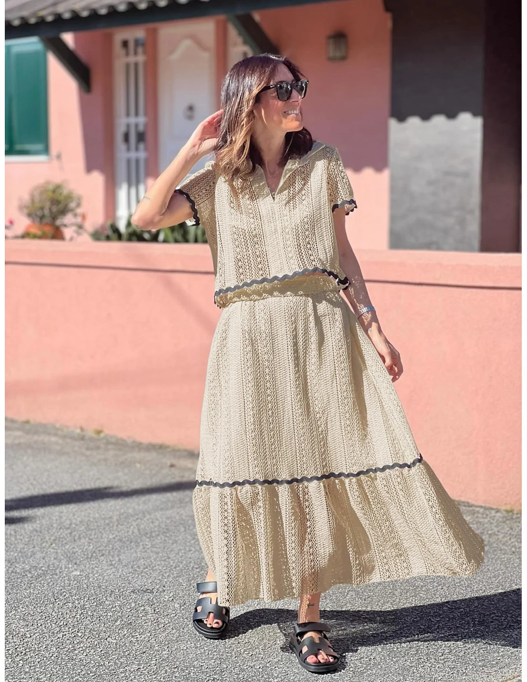 Brownm Brownm Summer New Women's Comfortable Casual Shirt Collar Lace Long Skirt Suit 88133