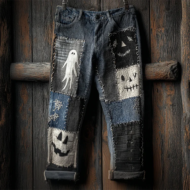 Halloween Ghost & Spooky Faces Contrast Patchwork Washed Jeans