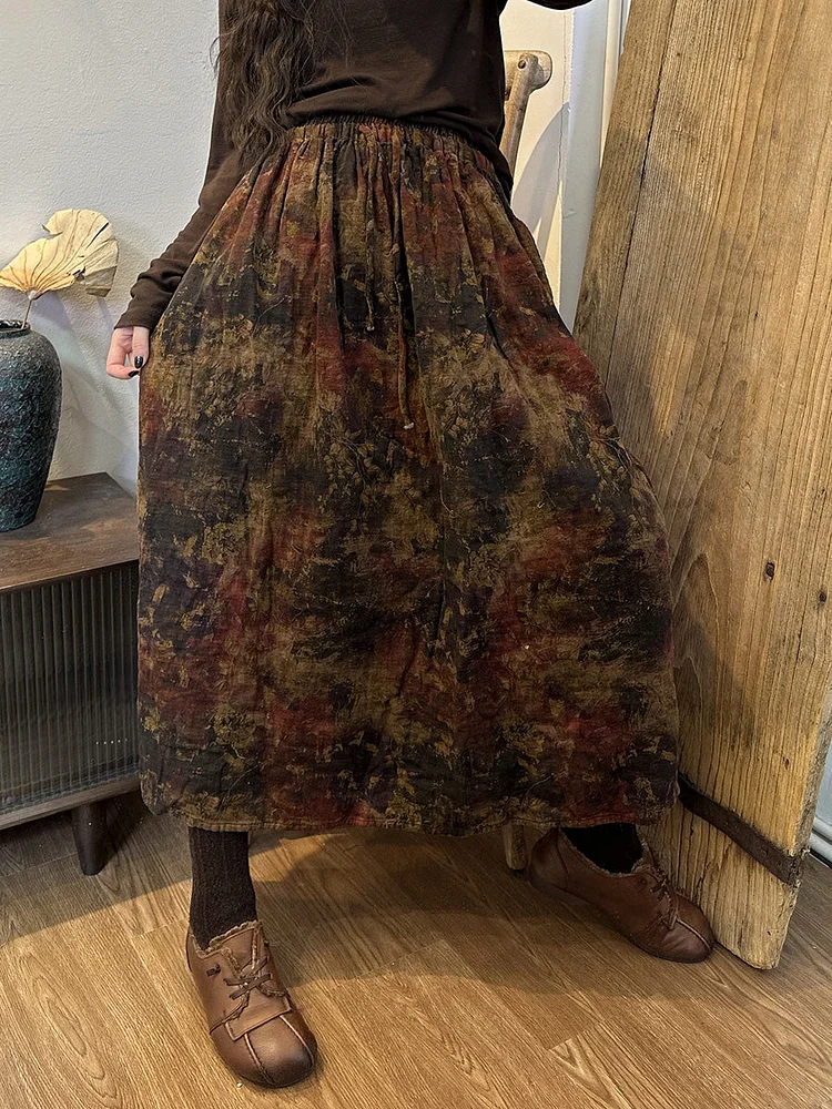 Winter Women Vintage Drawstring Print Cotton Skirt