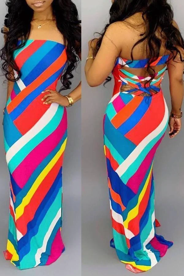 Casual Striped Multicolor Floor Length Dress