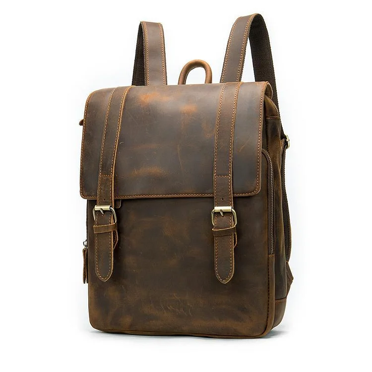 Distinct Vintage Look Genuine Leather Foldover Top Antique Brass Hardware Backpack