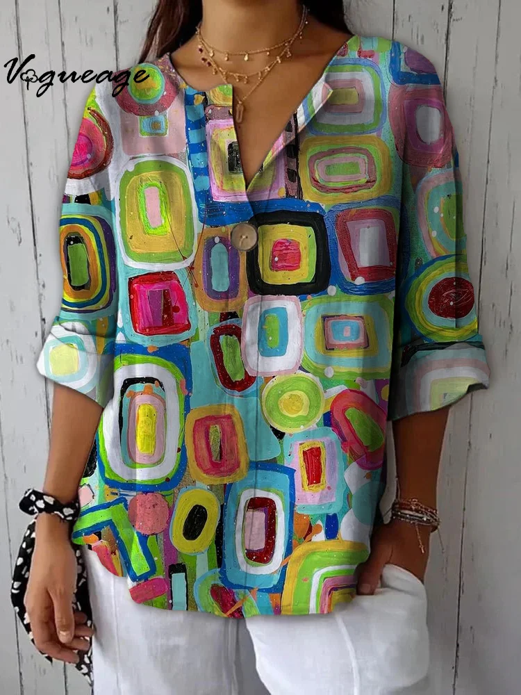 Fashionable And Gentle Square Stitching Printed Cotton And Linen Shirt