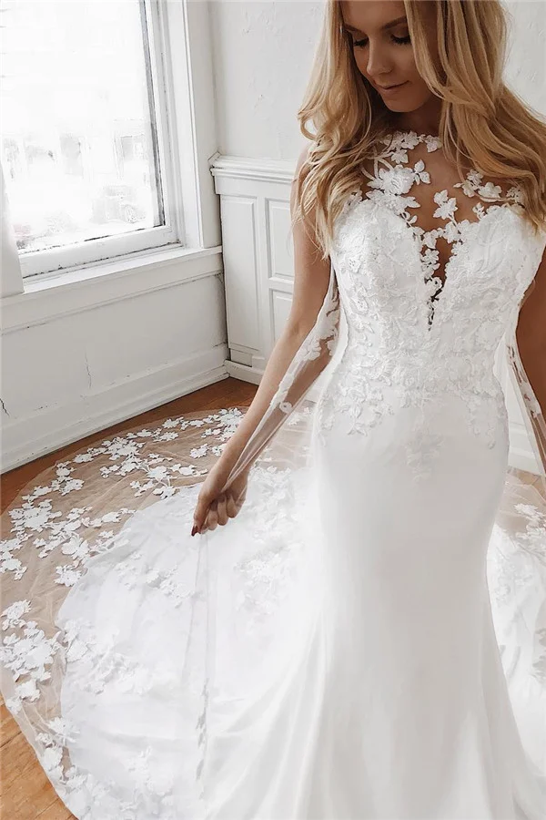 Lace Appliques Mermaid Wedding Dresses With Sleeveless Jewel 