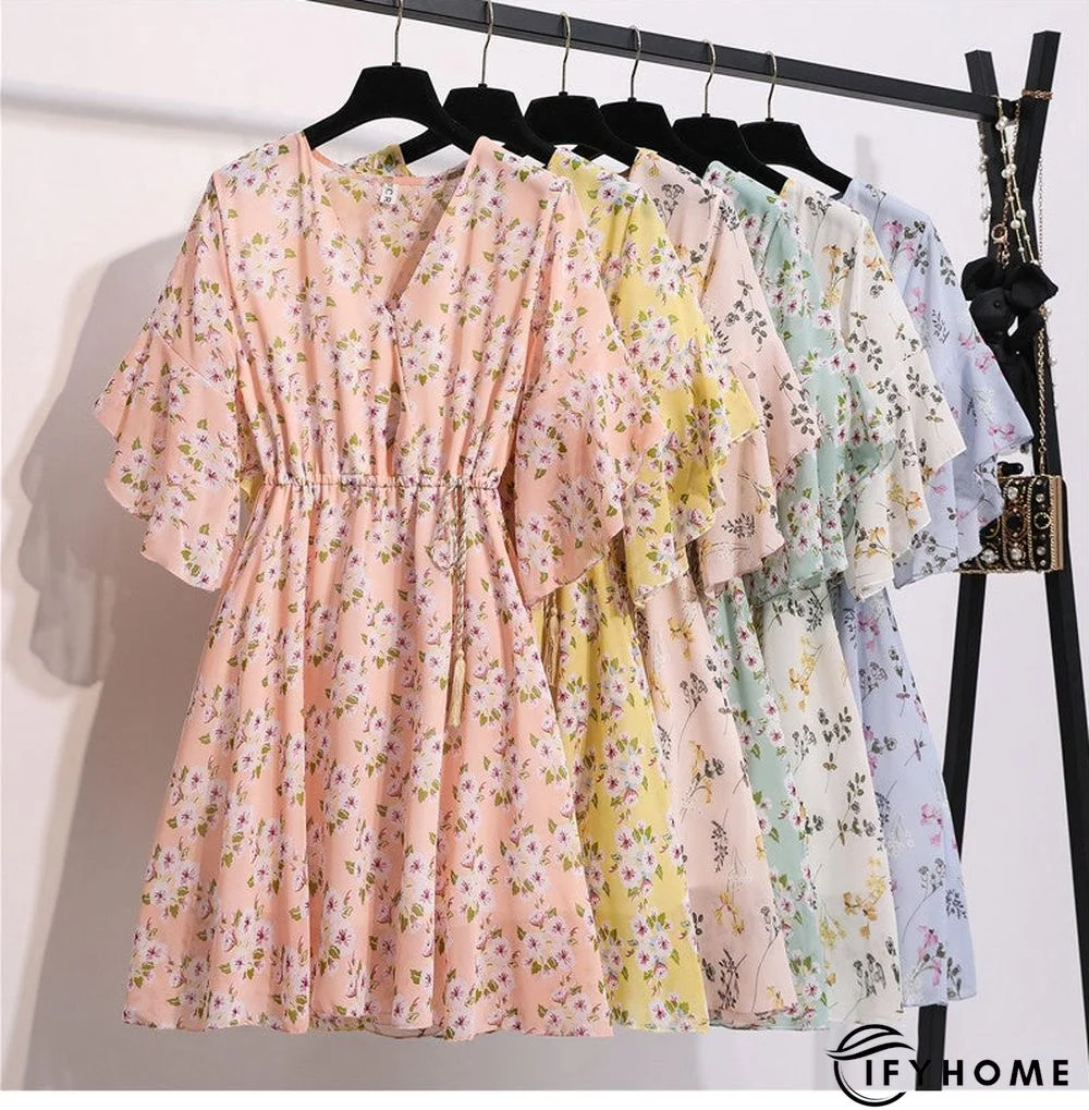 Spring Summer Chiffon Women V-Neck Floral Print Short Dresses Sweet Ruffle Sleeeve Slim Drawstring Ladies Dress | IFYHOME