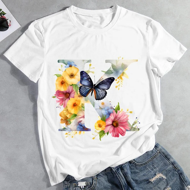 Butterfly Alphabet K Round Neck T-shirt-Annaletters