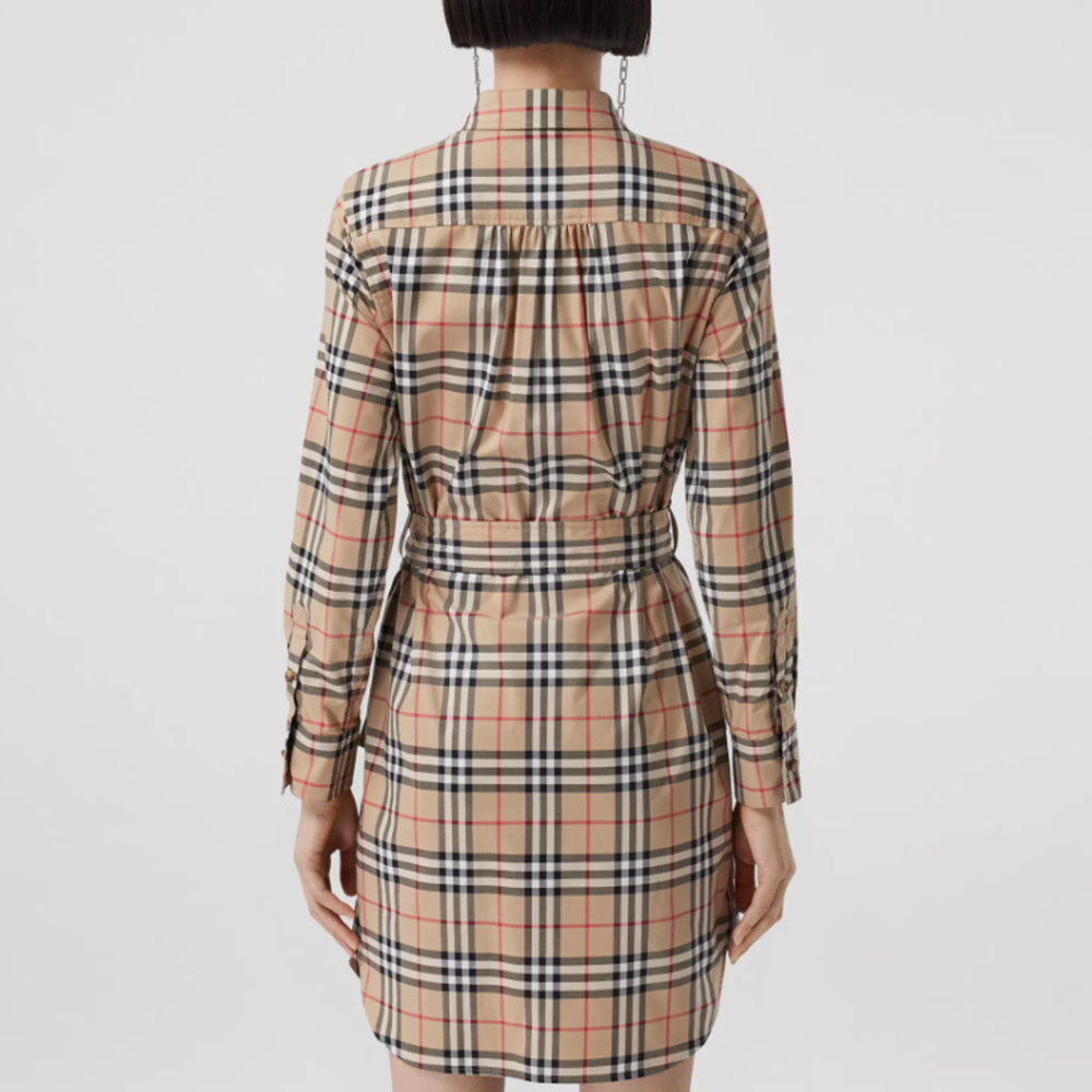 Classic Vintage Check Stretch Cotton Tie Waist Shirt Dress-vocosishoes