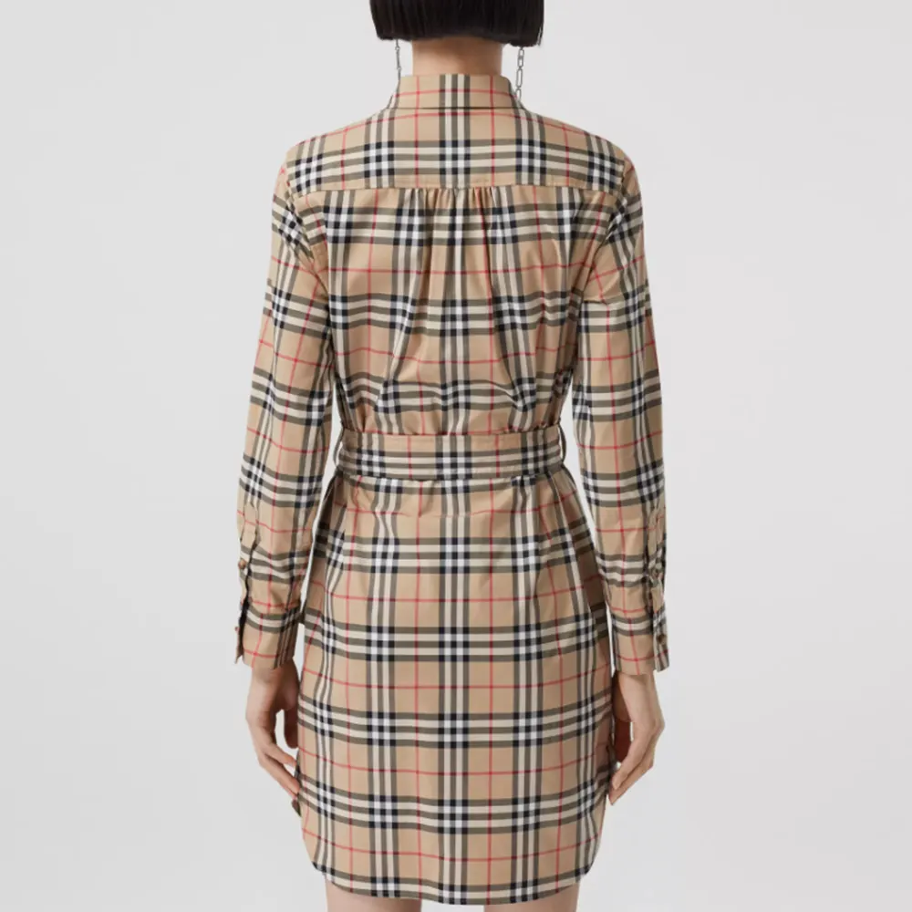 Classic Vintage Check Stretch Cotton Tie Waist Shirt Dress-vocosishoes