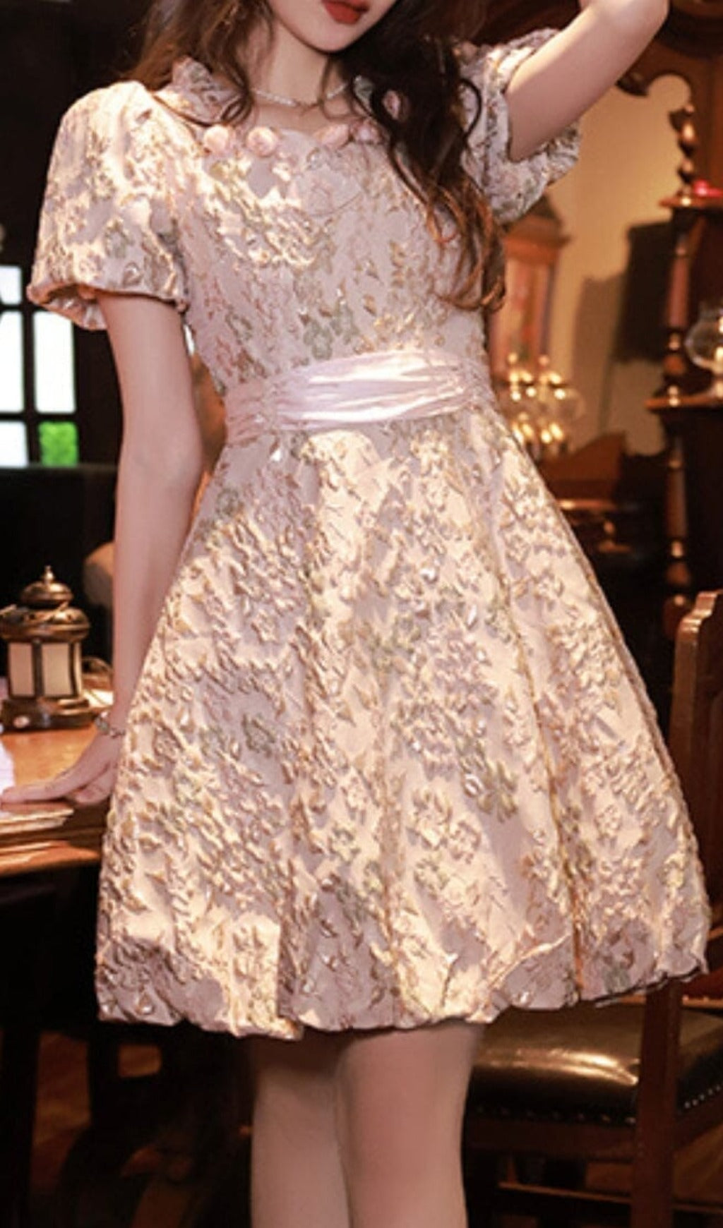 Puff Sleeve Cutwork Mini Dress In Pink Flowering Girl