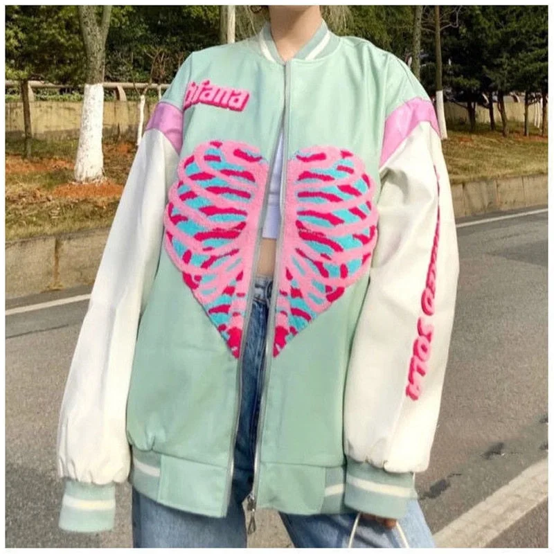 Peneran Baseball Bomber Jacket Women Love Print Oversized Harajuku Jackets Streetwear Korean Style Zipper Autumn Loose Coat Kpop