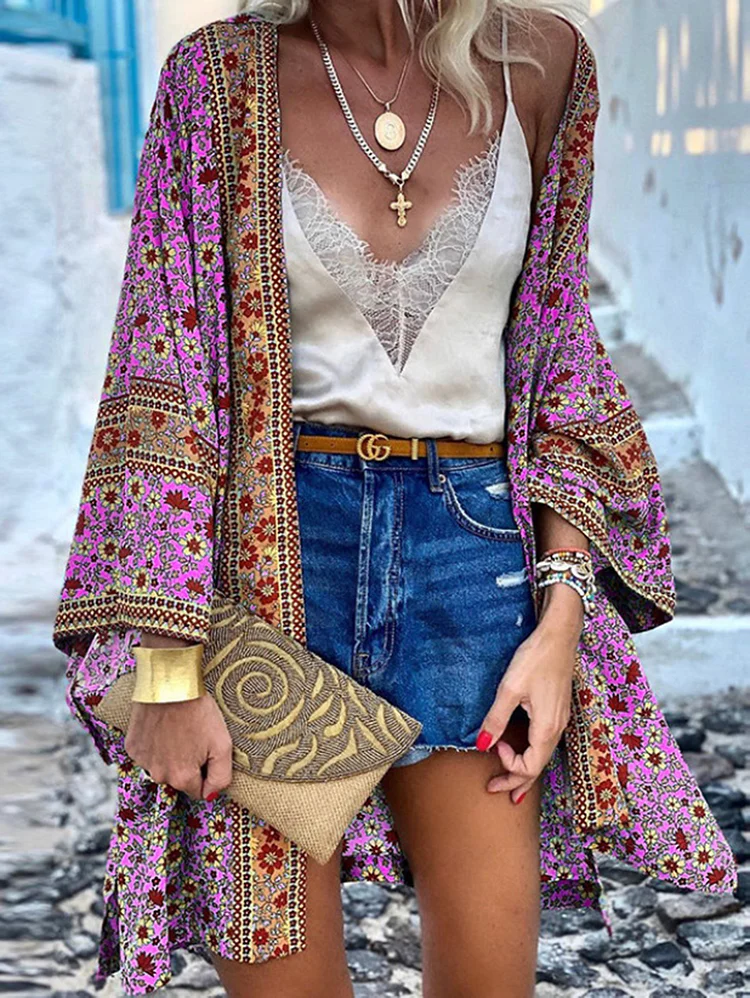 Boho Allover Floral Print Open Front Loose Cardigan