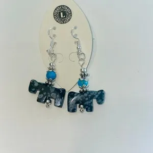 pornhint Pornhint Zuni fetish Carved Animal Fetish Horse in Snowflake Obsidian dangle earrings with Turquoise beads