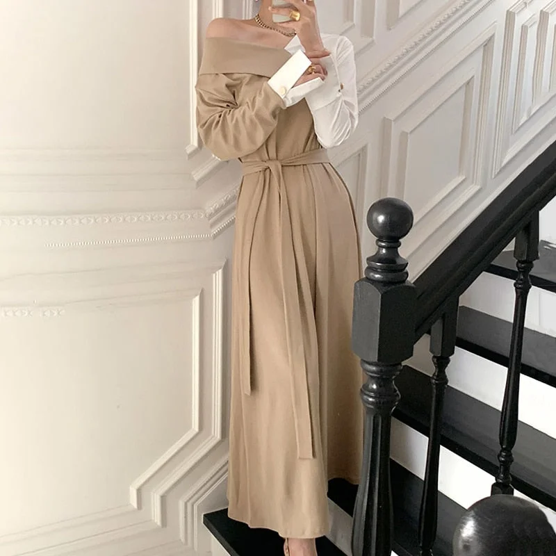 New Korea Style Elegant OL A Line Female Dress V Neck Long Dresses Solid High Waist Dress for Women Clothing Robe Femme 12795