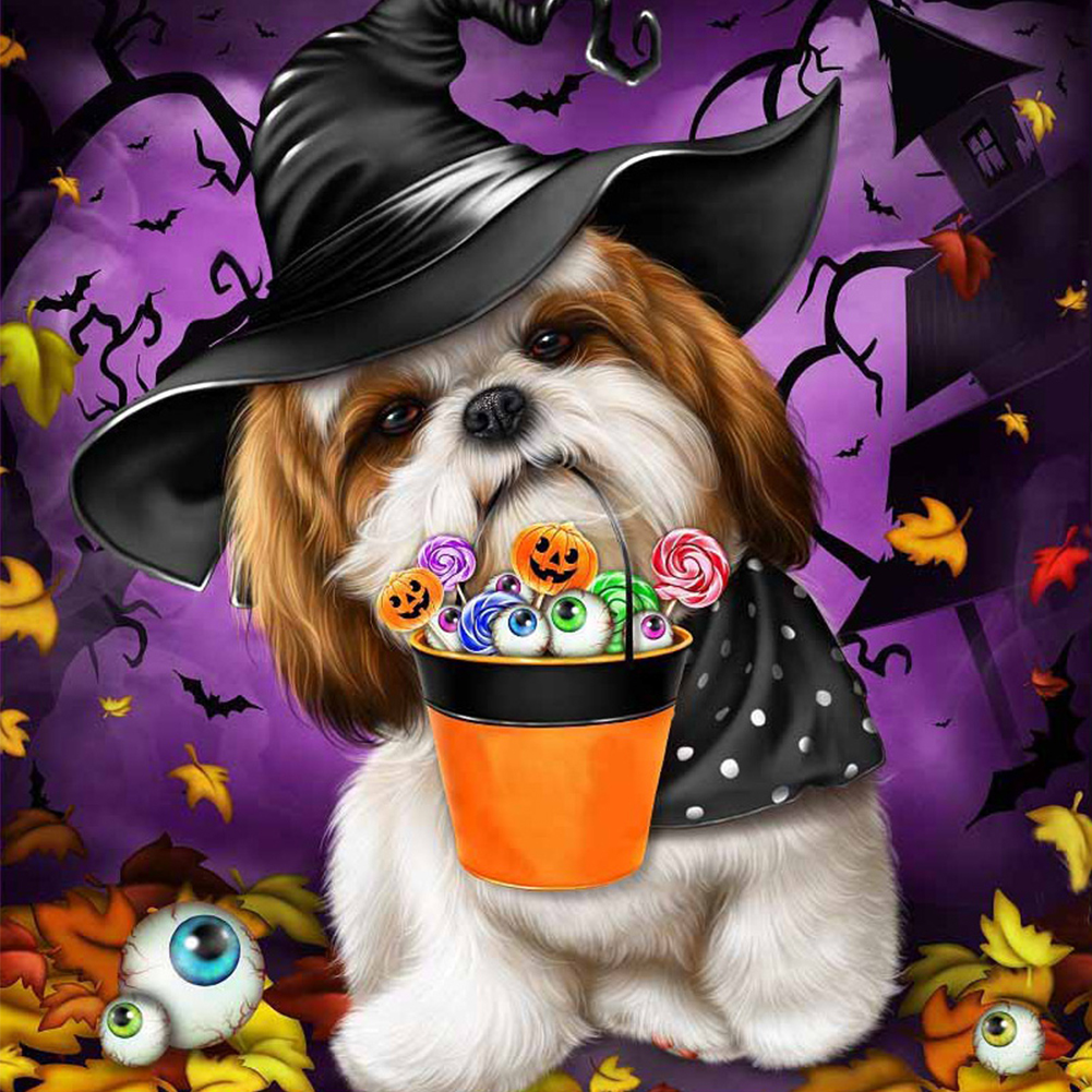 

30*30CM - Round Drill Diamond Painting - Halloween Dog, 501 Original
