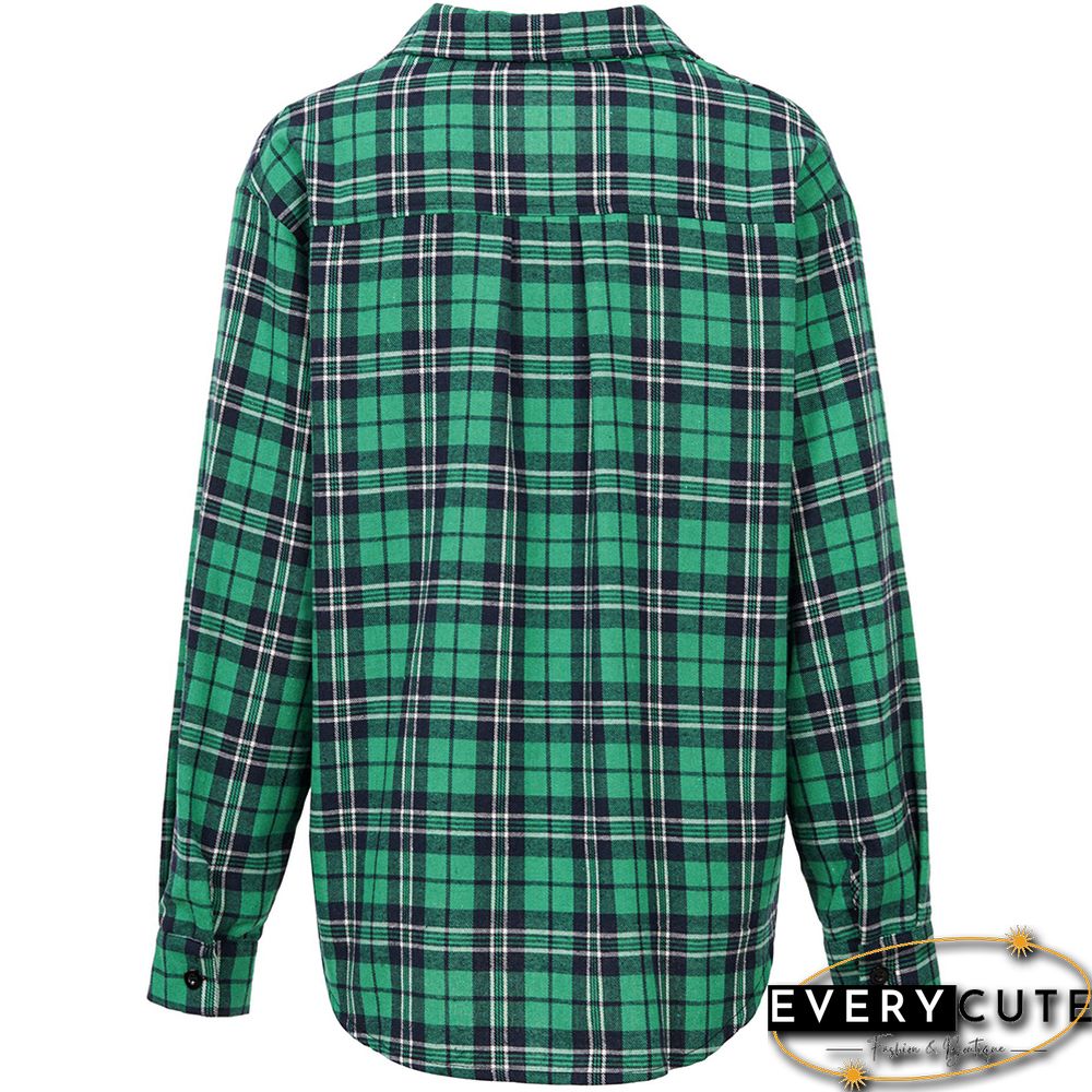 Green Plaid Print Cross Lace Up Long Sleeve Shirt