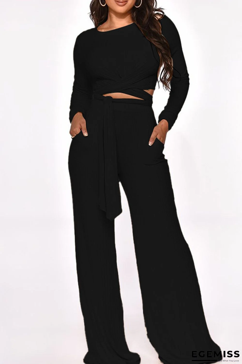 Black Fashion Casual Solid Bandage O Neck Long Sleeve Two Pieces | EGEMISS