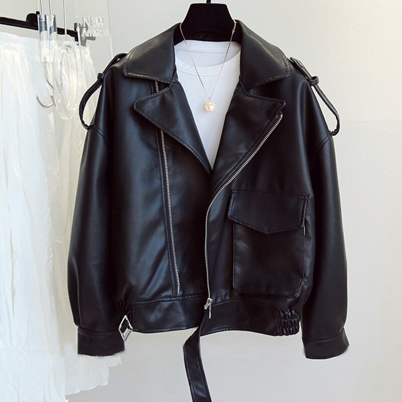 FTLZZ Autumn Winter New Soft Faux Leather Jacket Women Loose Moto Bike Coat Streetwear Female Brown PU Leather Jackets with Belt