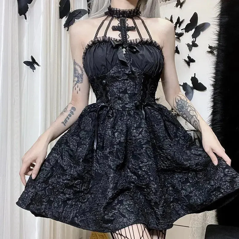 Huiketi Women's Dark Goth Mall Gothic Emo Jacquard A-line Dresses, Elegant Grunge Ruched Bandage Party Dress, Black Punk Club Dress