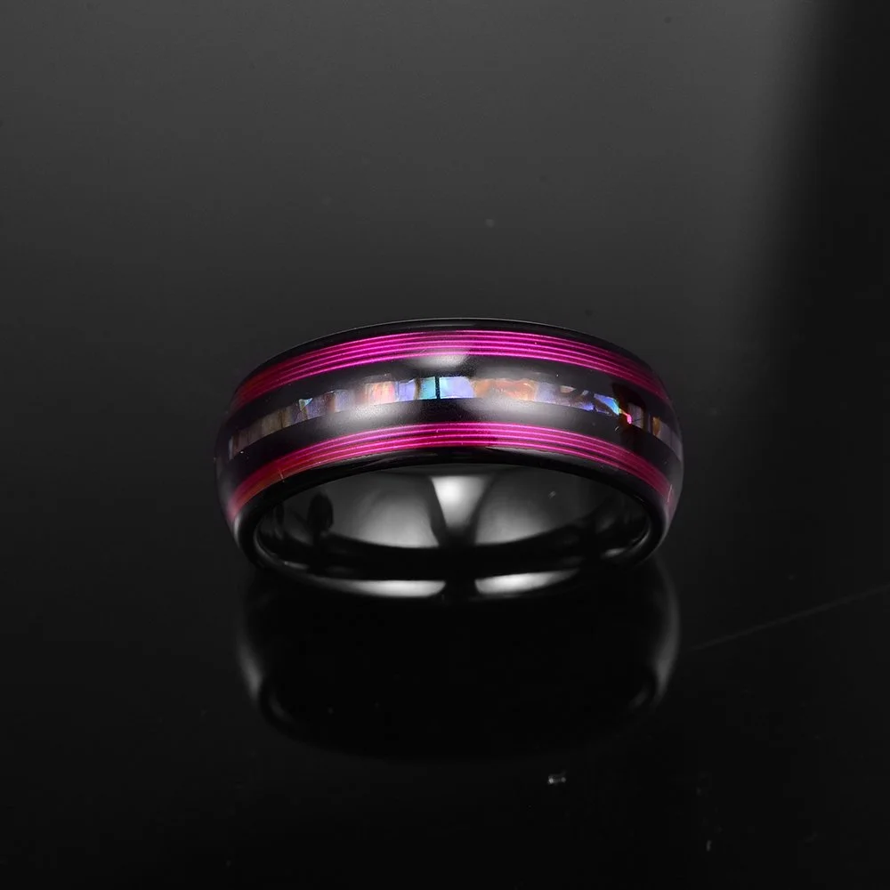 8mm Purple Guitar Strings Tungsten Carbide Rings With Abalone Shell Inlay Men's Wedding