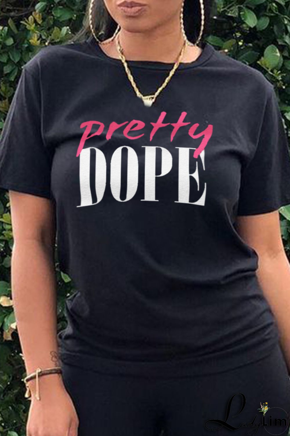 Black Casual Daily Print Split Joint Letter O Neck T-Shirts